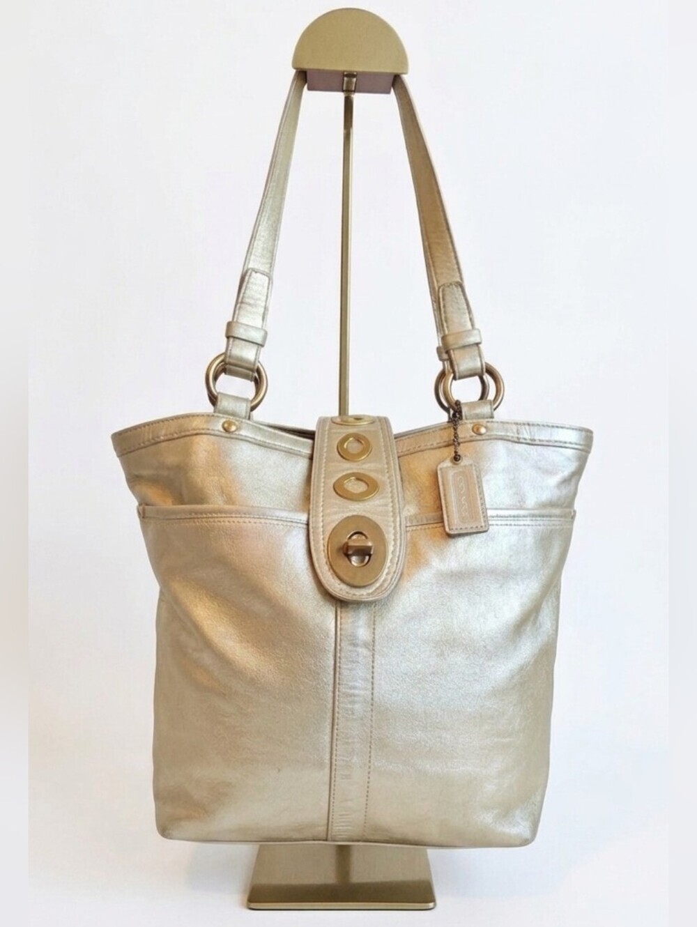 Coach Archival Legacy Lily Turnlock Tote Metallic Brass Gold Leather F13757